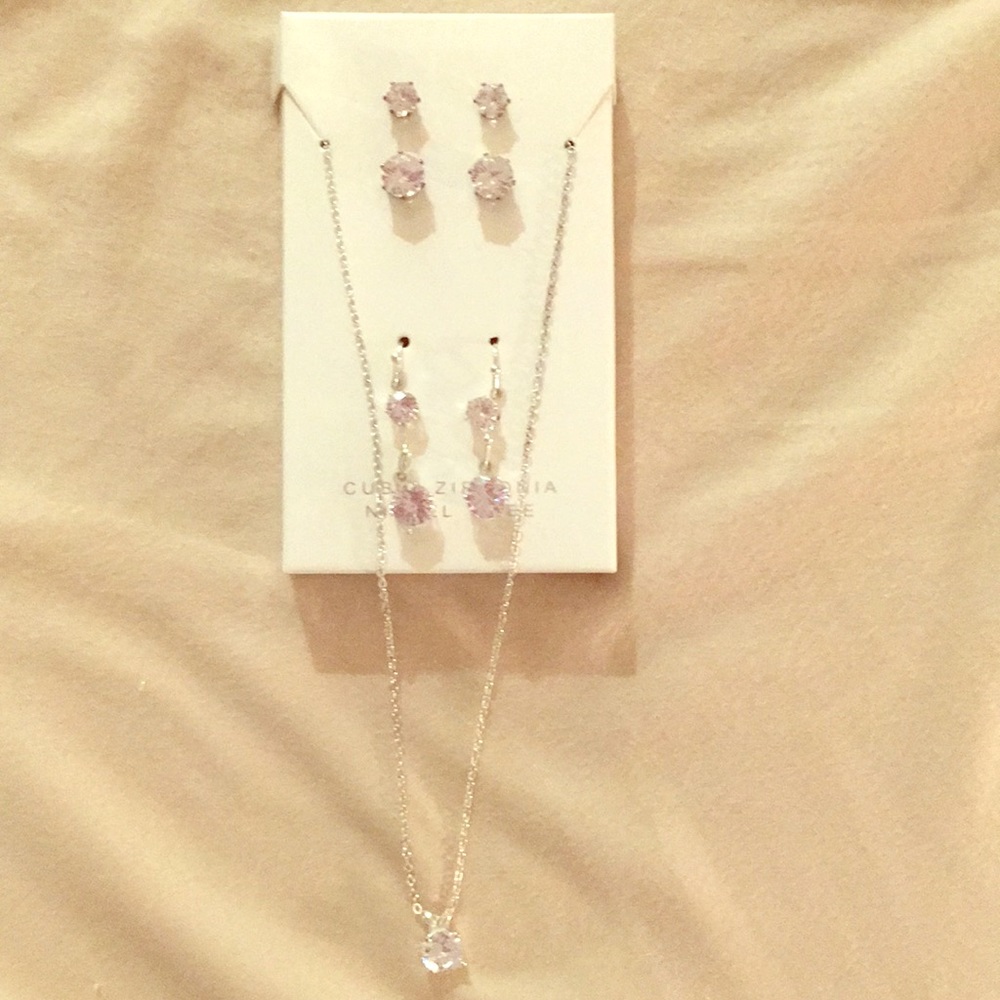 Cubic Zirconia Necklace and 4 Pairs of Earrings